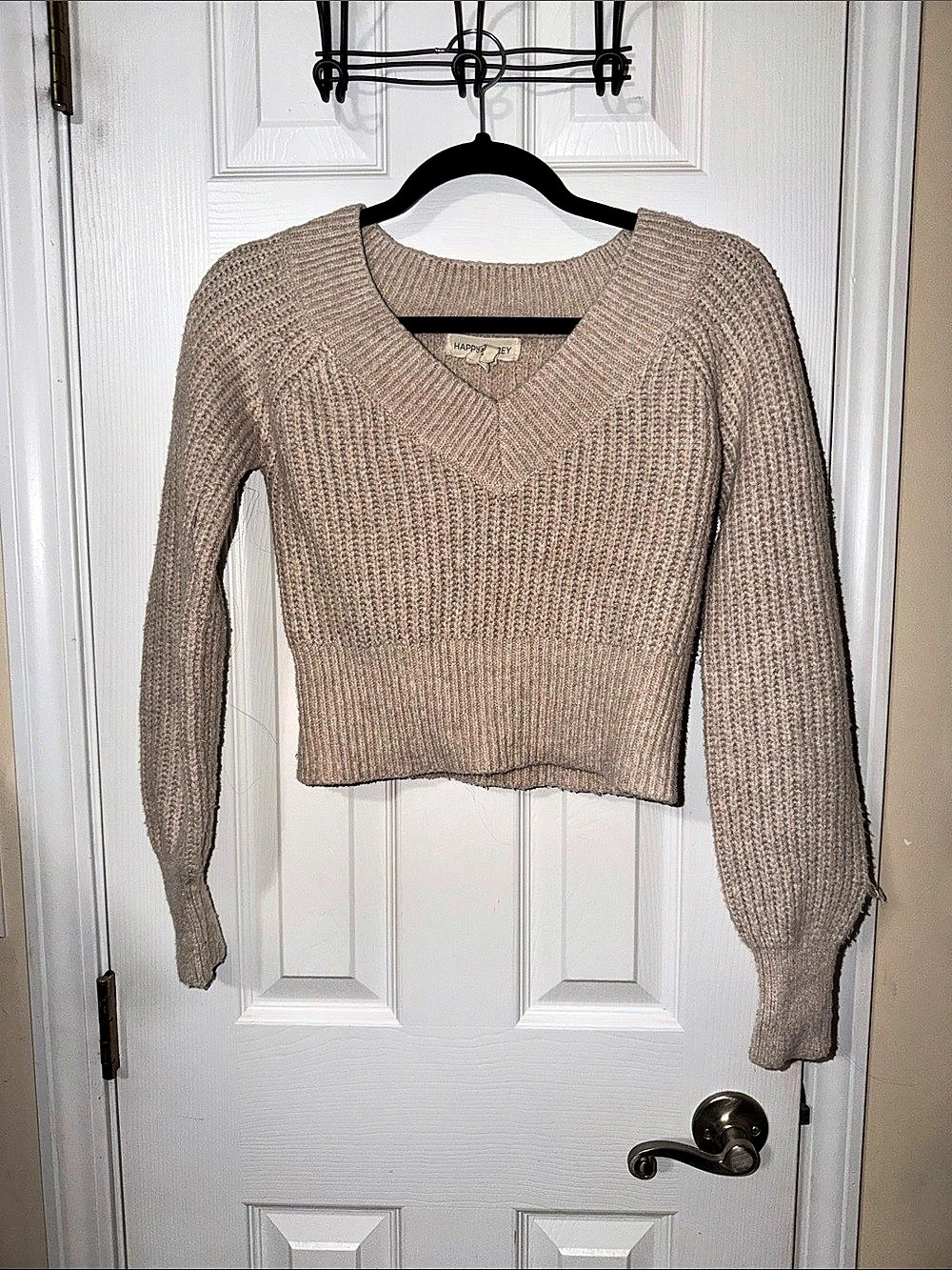 Happily Grey Cropped Rib Knit Sweater in Beige Size XS New